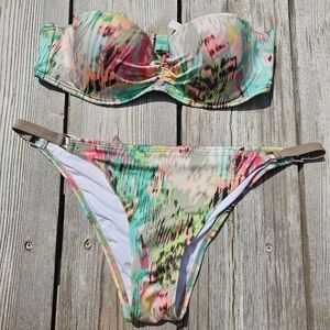 Victoria's Secret Multicolored Bikini Bandeau Strapless Top Cheeky Bottoms M 32B